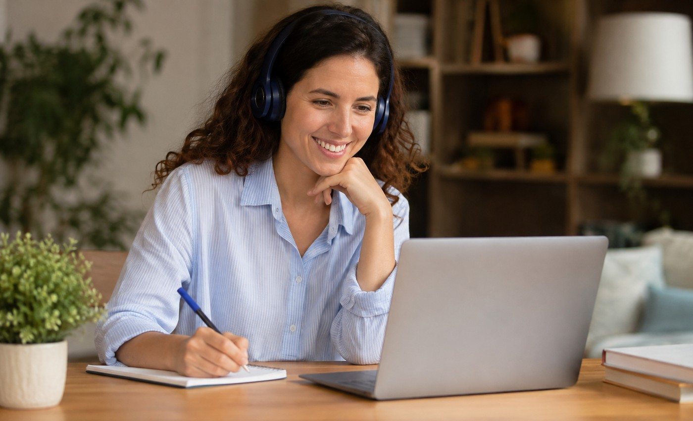 Εκπαιδευόμενη παρακολουθεί online μάθημα από υπολογιστή